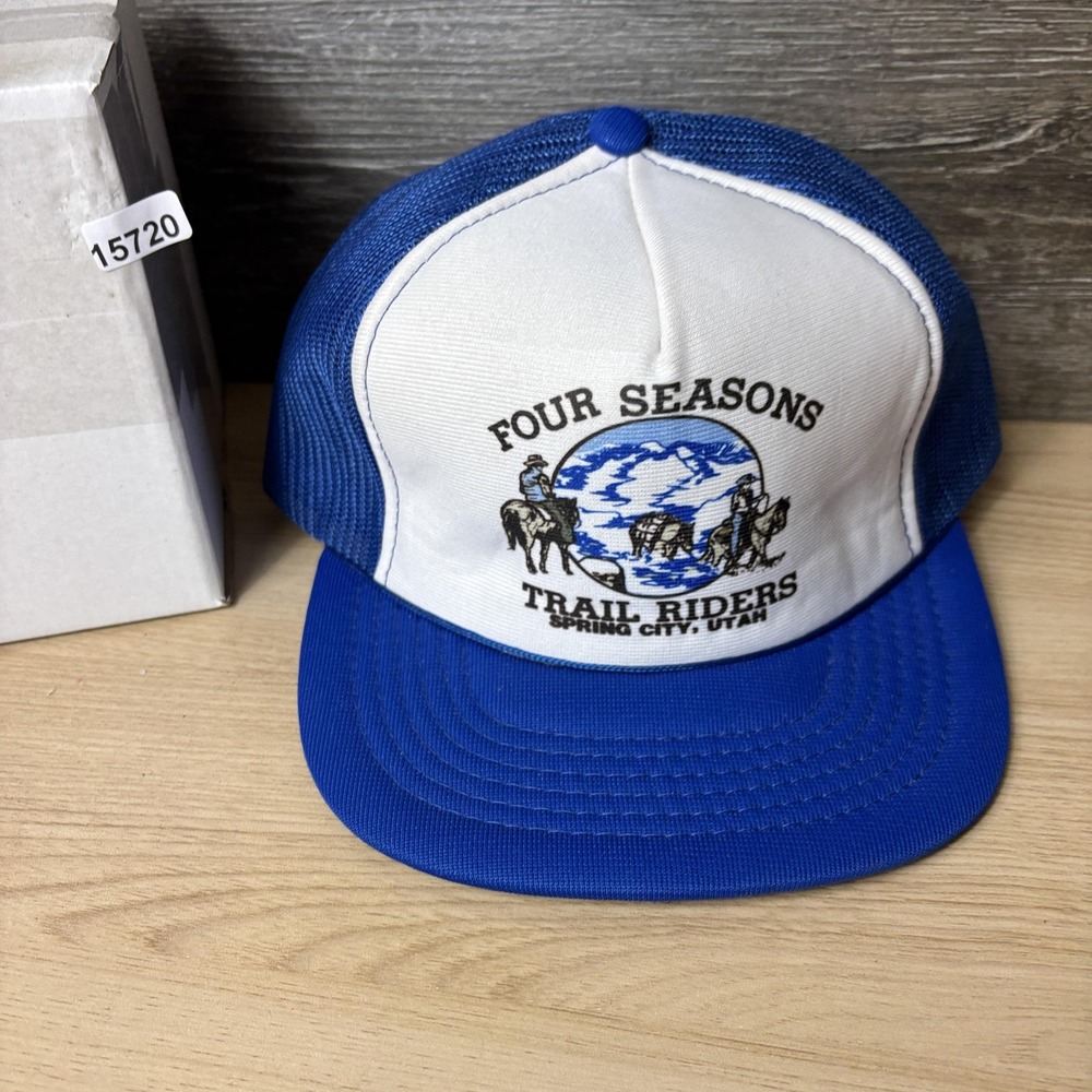 VINTAGE Four Seasons Trail Riders Hat Snap Back Trucker Blue Spring City Utah - Picture 9 of 9